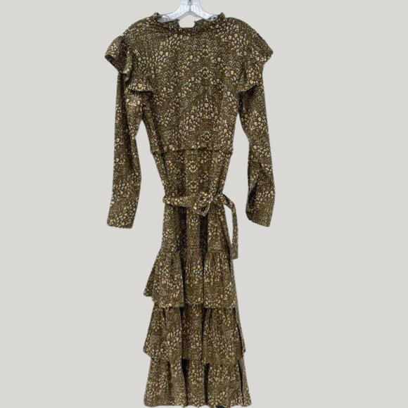 Renata Gasparian Wellesley Belted CC-Collar Dress — Green Multi Print, Size M - Picture 1 of 7